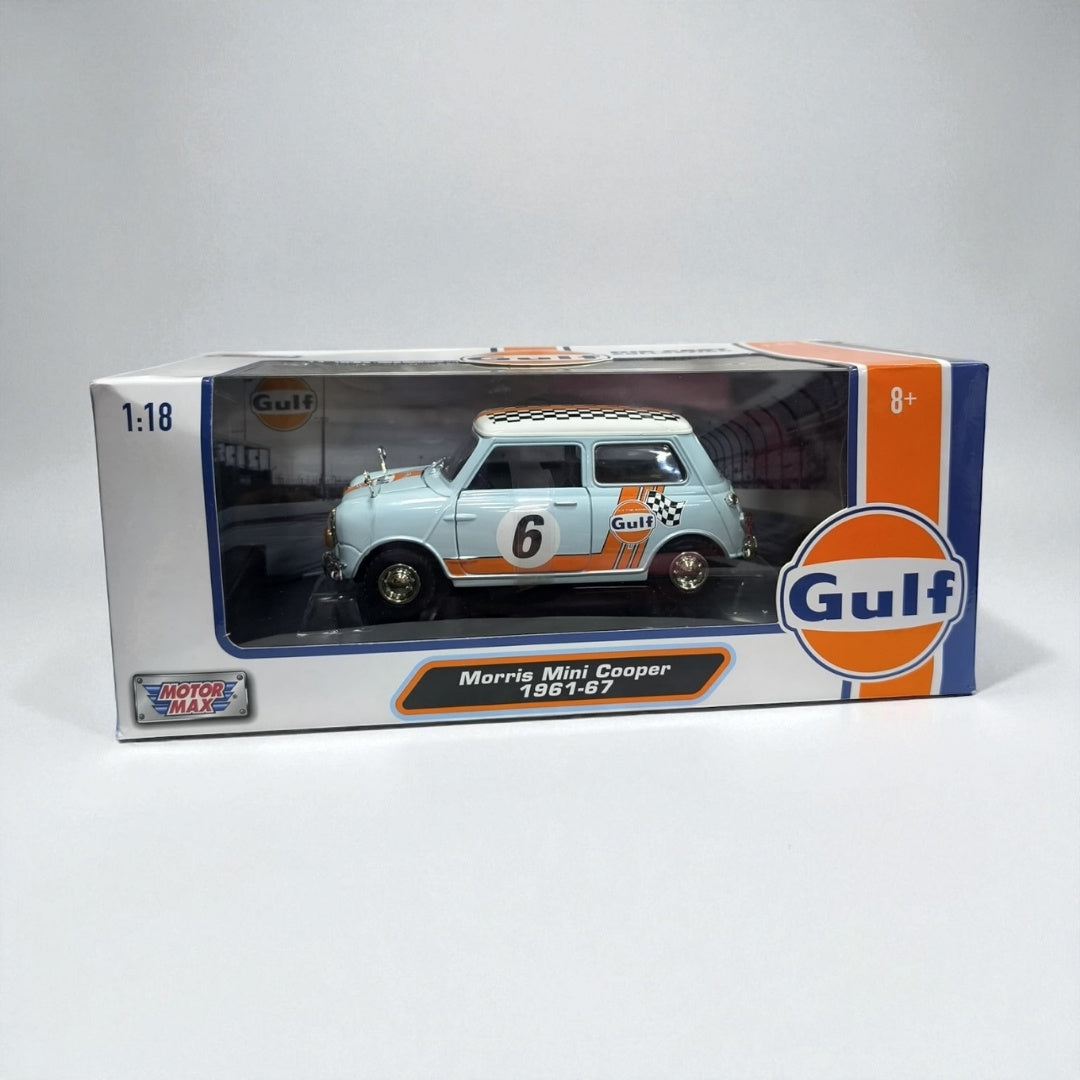 Morris Mini Cooper 1961–67 Gulf Edition – Modelo de Colección 1:18 en Metal