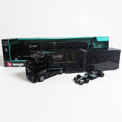 Tractomula Mercedes con Monoplaza de Fórmula 1 Escala 1:43 | Camión Transportador F1 de Colección