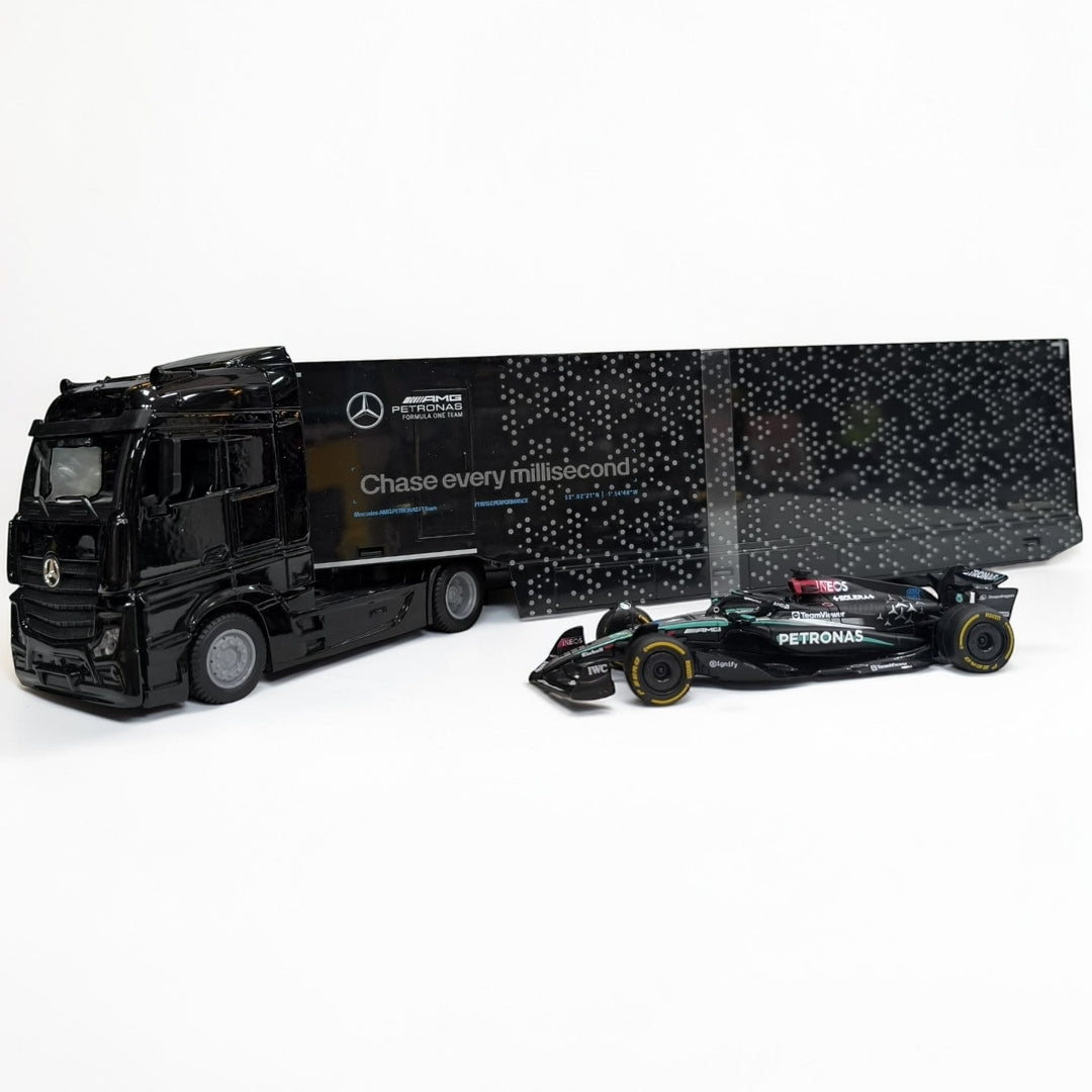 Tractomula Mercedes con Monoplaza de Fórmula 1 Escala 1:43 | Camión Transportador F1 de Colección