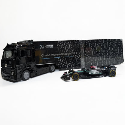 Tractomula Mercedes con Monoplaza de Fórmula 1 Escala 1:43 | Camión Transportador F1 de Colección