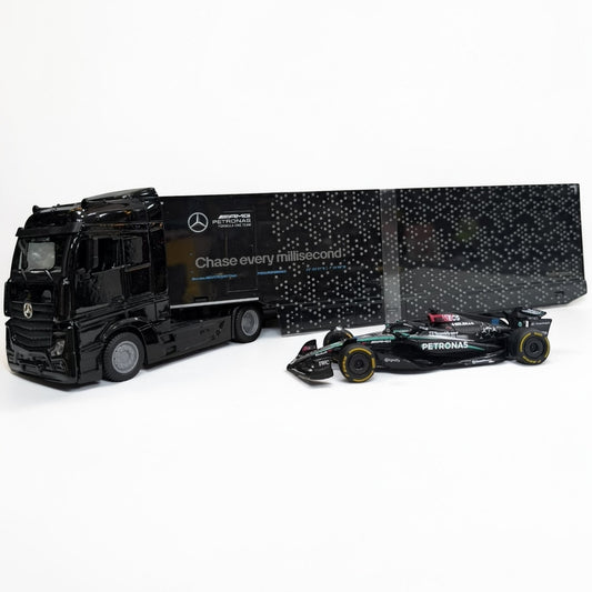 Tractomula Mercedes con Monoplaza de Fórmula 1 Escala 1:43 | Camión Transportador F1 de Colección