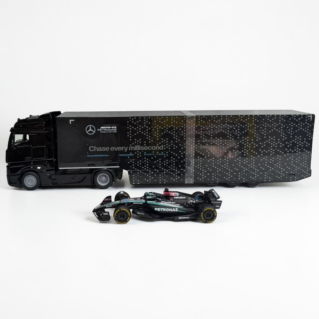 Tractomula Mercedes con Monoplaza de Fórmula 1 Escala 1:43 | Camión Transportador F1 de Colección