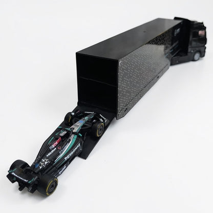Tractomula Mercedes con Monoplaza de Fórmula 1 Escala 1:43 | Camión Transportador F1 de Colección