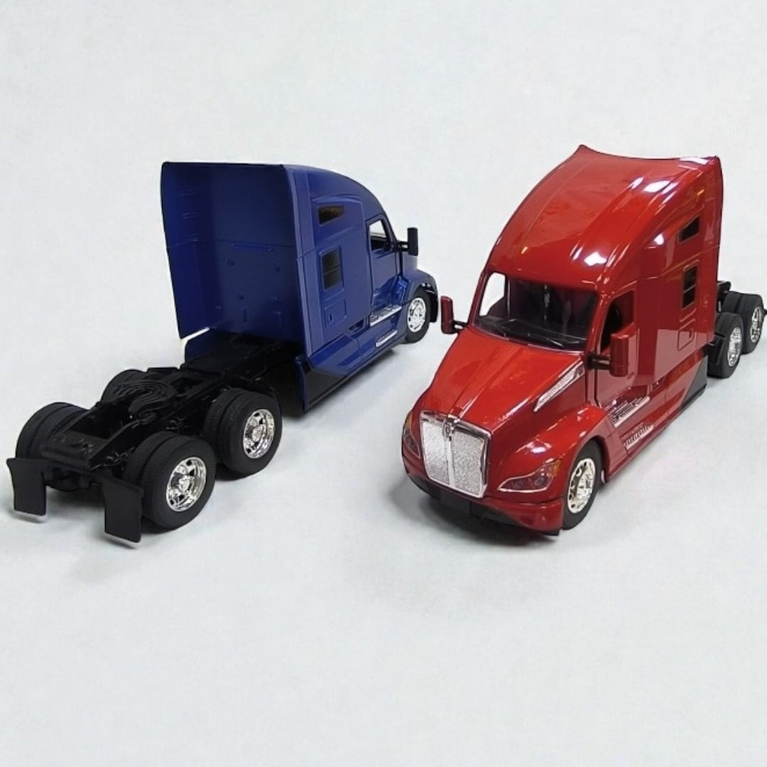 Kenworth T680 Cabezal Rojo y Azul Escala 1:32 – Tractocamión Moderno de Colección