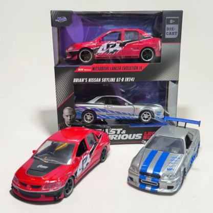 Combo Mitsubishi Evolution y Nissan Skyline R34 1:32 Jada Rápidos y Furiosos | Autos a Escala de Colección