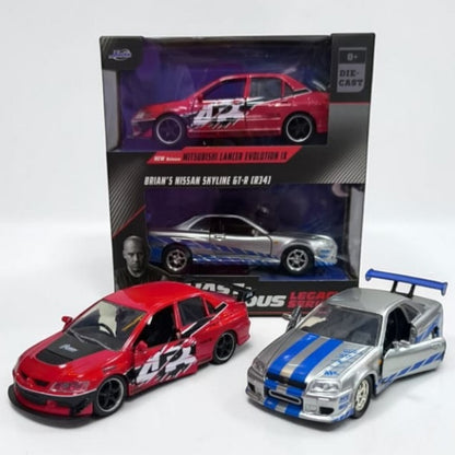 Combo Mitsubishi Evolution y Nissan Skyline R34 1:32 Jada Rápidos y Furiosos | Autos a Escala de Colección
