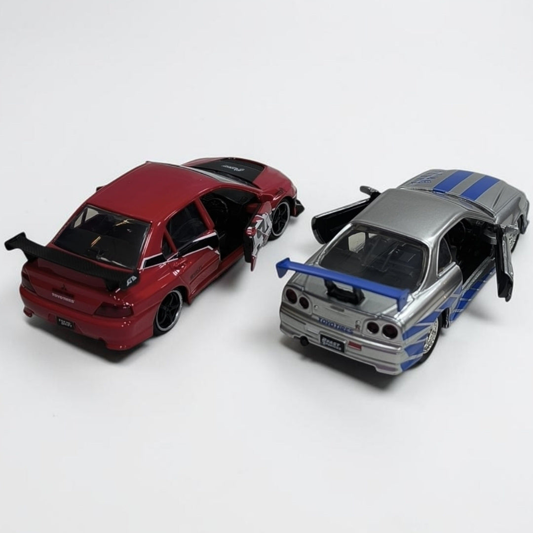 Combo Mitsubishi Evolution y Nissan Skyline R34 1:32 Jada Rápidos y Furiosos | Autos a Escala de Colección