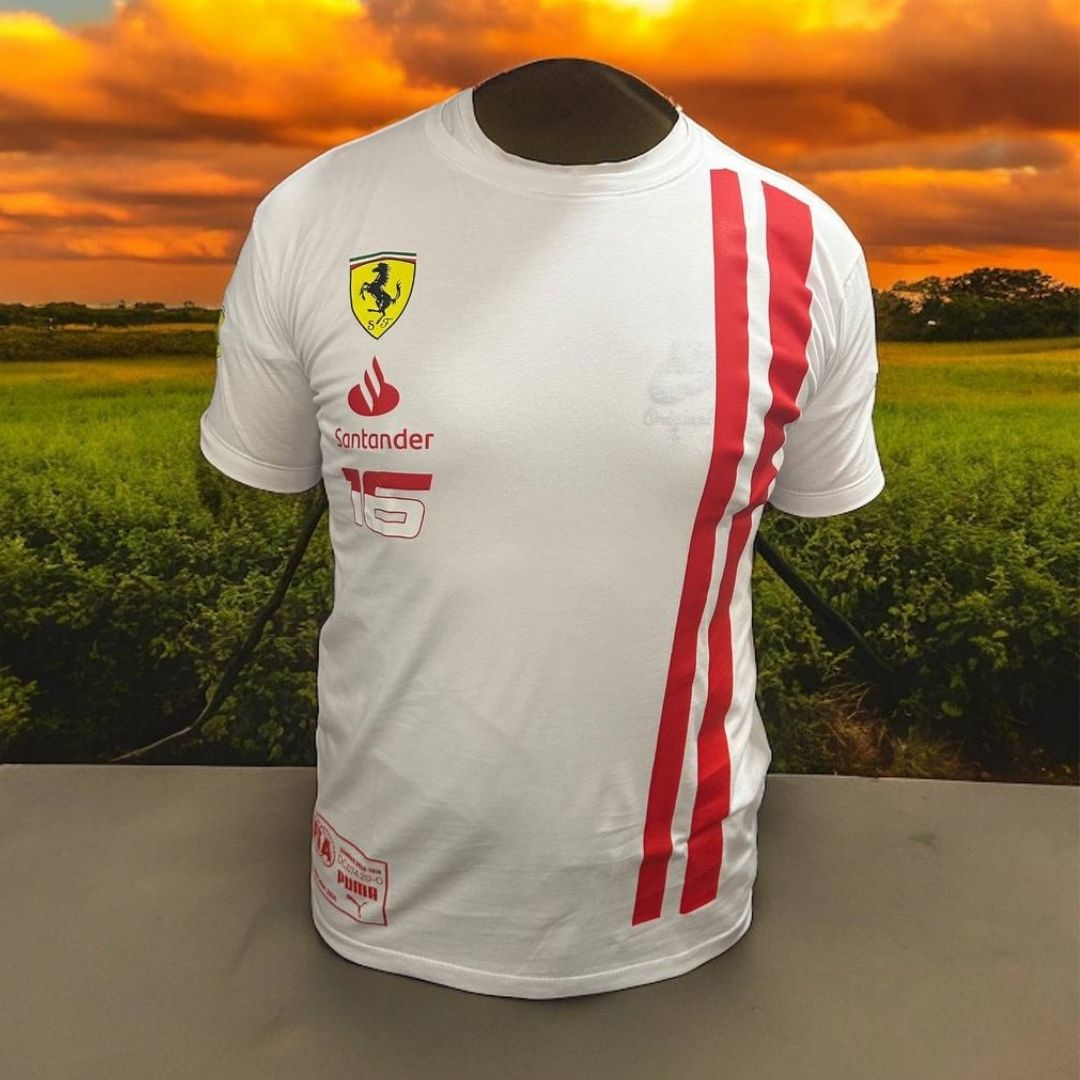 Camiseta Blanca Ferrari 16 - ¡Elegancia y Velocidad con Charles Leclerc!