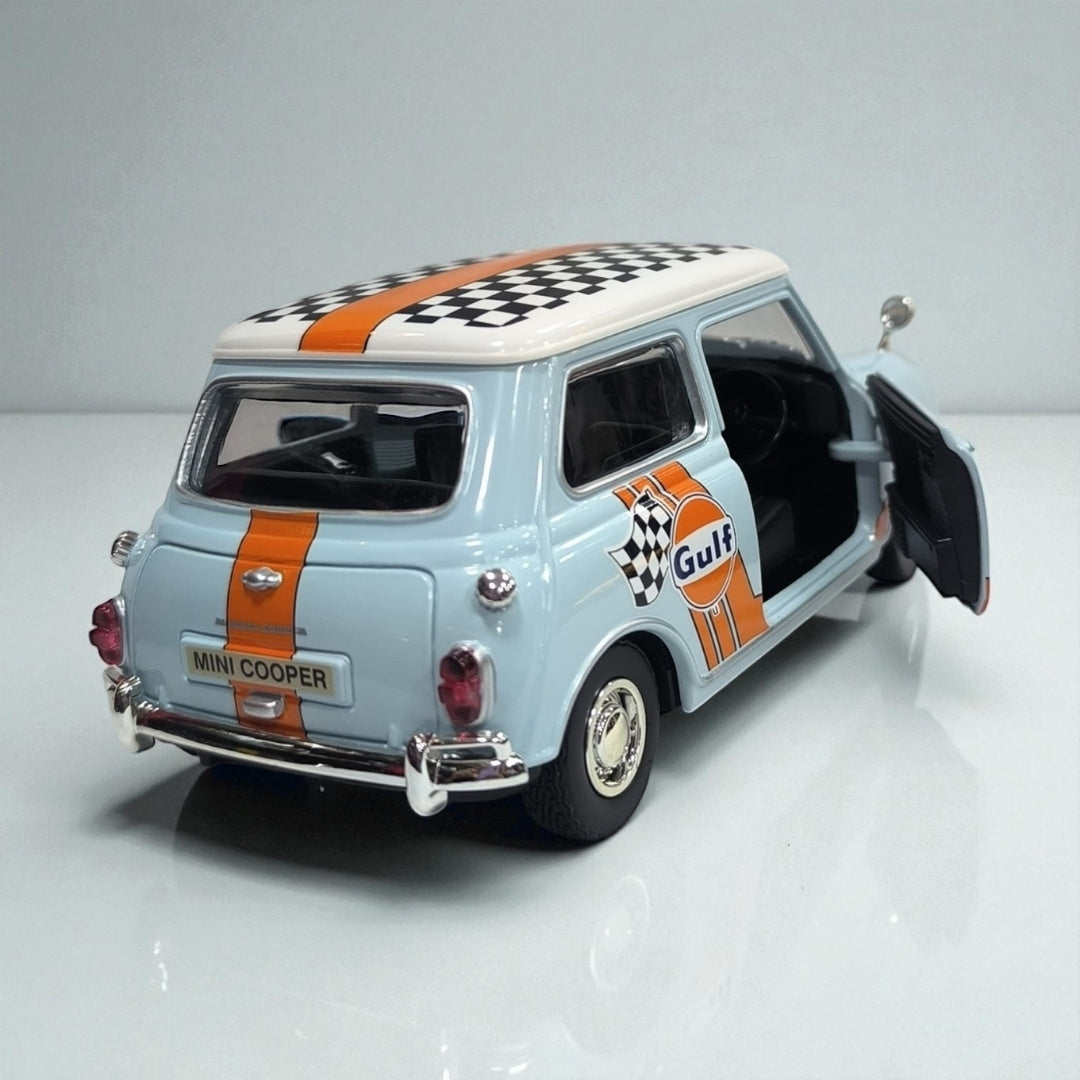 Morris Mini Cooper 1961–67 Gulf Edition – Modelo de Colección 1:18 en Metal